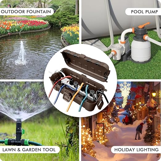 RESTMO Outdoor Electrical Box, IP54 Weatherproof Extension Cord Cover with 6 Cable Entry Ports, Waterproof Connection Box Protect Power Strip, Timer, Plug, Holiday Lights, (11.5x5.2x4 inch), Brown