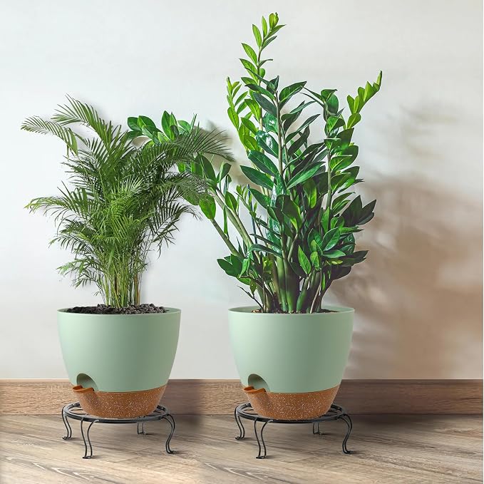 UOUZ 12inch 2Pack Large Self Watering Planters, Plastic Plant Pots with 60oZ Removable Deep Reservoir and Multi Mesh Drainage Holes for Indoor Outdoor Garden Plants and Flowers, Green with Brown