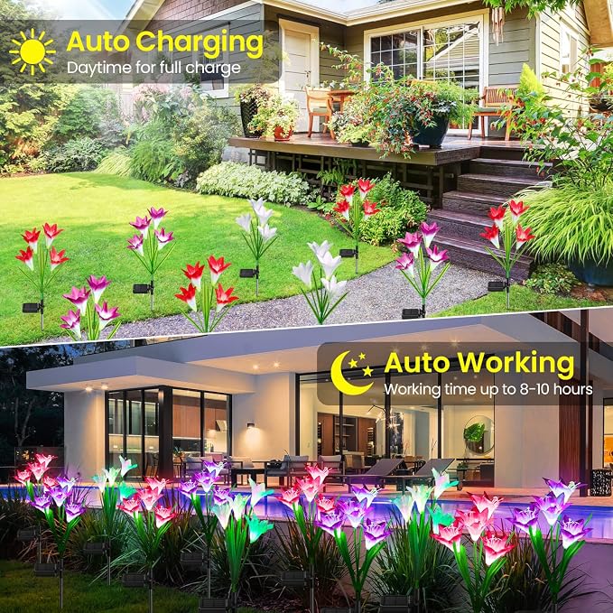 KOOPER Outdoor Solar Lights, 4 Pack Solar Garden Light with Bigger Lily Flowers, Waterproof 7 Color Changing Solar Lights Outdoor - Bigger Panel for Patio Yard Garden Decoration, Gift for Mom