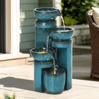 AUTODAYA 19.3" Faux Ceramic Outdoor Water Fountain with LED Lights | 4-Tier Resin Cascading Water Feature with Pedestal Waterfall for Garden, Patio, Yard or Porch