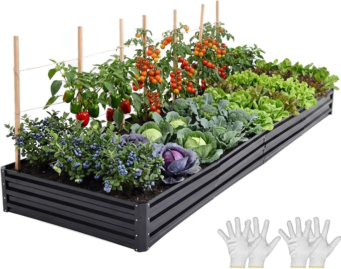 YITAHOME 8x4x1.5ft Galvanized Raised Garden Bed, Metal Planter Box with Safety Rubber, Gloves, Outdoor Flower Bed for Planting Plants Vegetables, Black