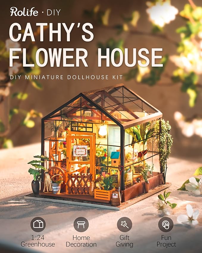 Rolife DIY Miniature House Kit, Cathy's Greenhouse Miniature Dollhouse with LED 1:18 Tiny/Mini House Making Kit Crafts Diorama Gifts Home Decor for Adults