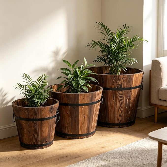 3 PCS Large Wooden Planter Barrel Set - Whiskey Real Wood Decor Plant pots, Rustic Flower Planters Pots Container w/Drainage Holes for Indoor Outdoor Garden Home Plants (18",15.2",11.5")