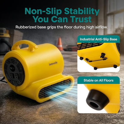 SereneLife Air Mover Blower Fan 1000 CFM – Powerful High Performance 3-Speed Fan for Floor & Carpet Drying, Portable Floor Fan w/Adjustable Tilt, Plug Multiple Units for Home Garage & Restoration Use