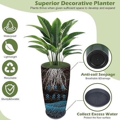 24-21-11 Inch Tall Planters Set of 3, Indoor Outdoor Green Glossy Round Planter with Drainage Hole and Saucer, Large Decorative Plant Pots for Home Garden Porch (Green)
