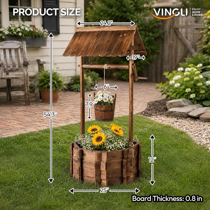 VINGLI Wooden Wishing Well Outdoor Planters, Well Covers for Yard with 4 Reinforced Rods, Height Adjustable Hanging Bucket, Rustic Flower Pot Decor for Outside Patio Garden(Carbonized, 25" Width)