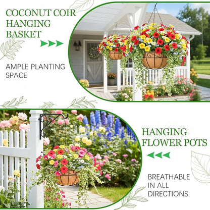 Hanging Planters for Outdoor Plants 4 Pack 14 inch Metal Hanging Flower Basket with Coco Coir Liner Wire Plant Holder Watering Flower Baskets Pot Hanger Garden Decoration for Indoor Outdoor(HBL)