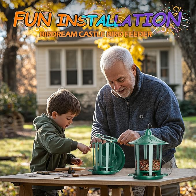 Birdream Bird Feeders for Outdoor Hanging, Assembly Required, 1-Min Easy Setup, Charming Castle Design, Attracting Cardinals Chickadees Goldfinches & Sparrows - Green