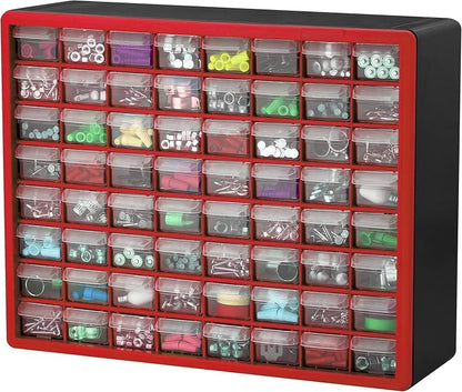 Akro-Mils 64-Drawer Plastic Drawer Storage Cabinet for Garage Organization, Bead Organizer, Building Bricks Storage, Teacher Toolbox, Makeup Organizer, 20-Inch W x 6-Inch D x 16-Inch H, 10164 Red