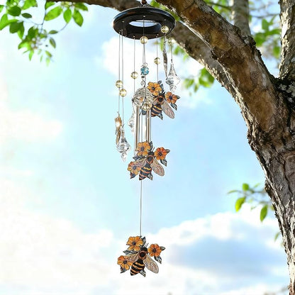 YU FENG Bee Wind Chime with Crystal Suncatcher, Memorial Outdoor Decor | 27 Inch Metal Hanging Chime, Bee Design, Meaningful Gift For Mom Grandma, Garden Yard Patio Decoration