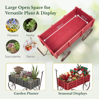 Shine Company Decorative Buckboard Wagon Garden Planter, Wooden Wagon Yard Décor for Outdoor Plants, Red