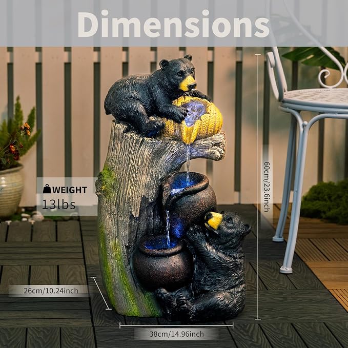 23.6'' Bear Outdoor Water Fountain with LED Lights, Cascading Resin Garden Waterfall Fountain with Pump, Cute Animal Water Feature for Patio Yard Backyard Balcony Decor