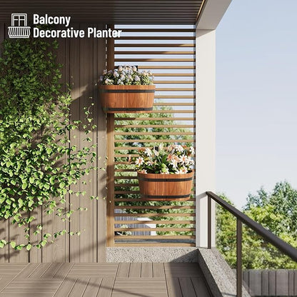 2-Pack Wooden Railing Planters, Hanging Flower Pots with Detachable Hooks for Balcony, Fence, Deck, Garden & Country Home Decor, Brown