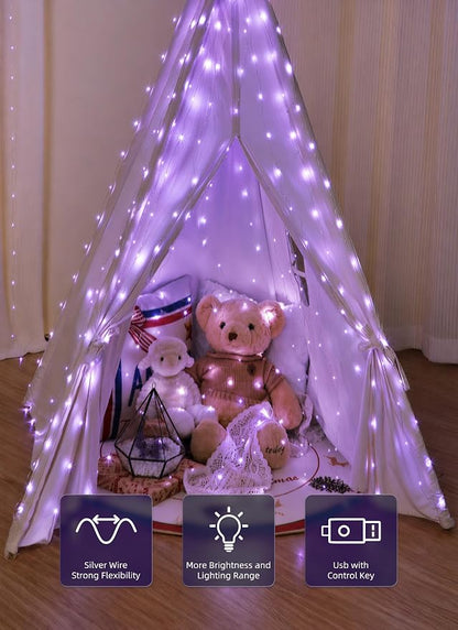 Brightown 300 LED Purple Halloween Fairy Curtain Lights, 9.8ft x 9.8ft String Lights, USB Plug in 8 Lighting Modes Christmas String Hanging Lights with Remote for Bedroom Indoor Outdoor Party Xmas