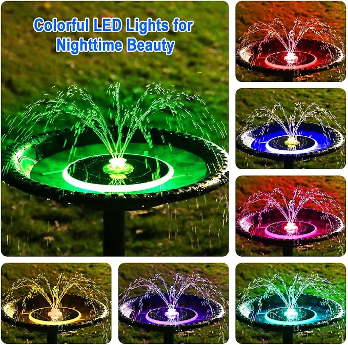 AISITIN 6.5W Solar Fountain for Bird Bath with 3000mAh Battery & Color Changing LED Light, 4 Anti-drift Brackets & 8 Nozzles, Solar Powered Bird Bath Fountain for Garden, Backyard, Fish Tank and Patio