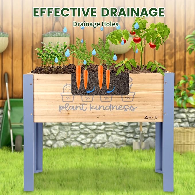 Raised Garden Bed for Kids - 30”L*16”W*24”H Elevated Wooden Planter Box Stand, Backyard, Patio, Balcony w/Bed Liner, 170lb Capacity (Blue)