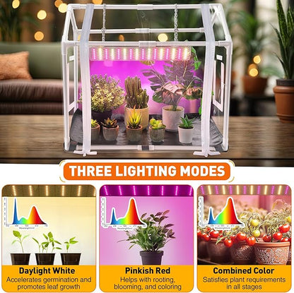 Meonum Mini Greenhouse with Grow Light, 23.6" L x 15.7" W x 19.6" H Portable Greenhouse with Waterproof Bottom Mat, Timer, 3 Light Color Mode for Indoor Outdoor Seed Starter Tray (Mini House Shape)