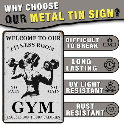 PEACHGARDEN Girl Gym Metal Tin Sign Welcome to Our Fitness Room Wall Art for Home Gym Weight Lifting Decor & Man Cave Workout Poster Motivational Wall Decor 8x12inch