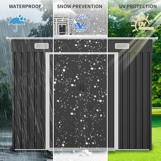 YOPTO 8X4 FT Metal Lockable Outdoor Storage Shed W/Air Vents,Black | Galvanized Steel Shed W/ Sliding Lockable Door,Threshold,Sloped Roof,All Weather Waterproof for Garden,Patio,Backyard,Lawn