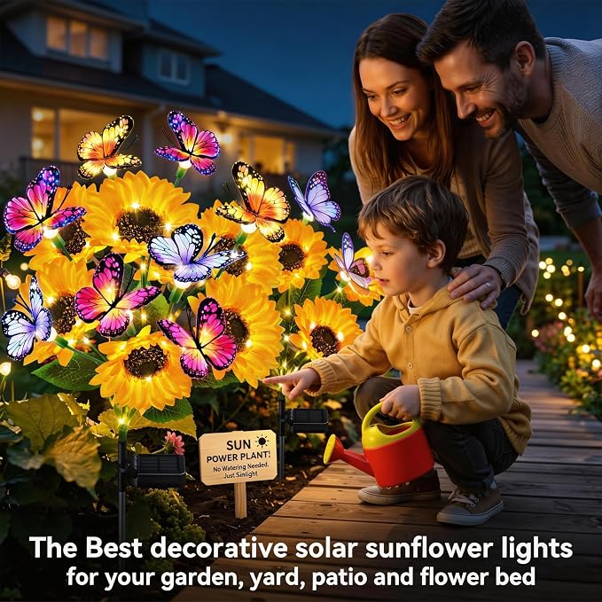 Solar Garden Lights Outdoor, 3 Pack Sunflower Solar Lights with Butterflies, Waterproof Solar Flower Lights For Yard Patio Garden Decor, Auto On/Off Solar Flowers Decorative, Gifts For Mom Women