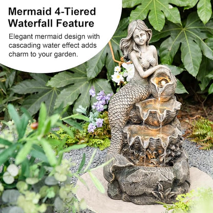 Glitzhome Water Fountain Outdoor, Outdoor Fountain with Lights & Pump, 22.25" H 4-Tiered Concrete Mermaid Polyresin Waterfall Floor Standing Water Feature for Garden, Patio, Yard, Deck, Porch