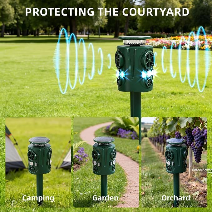 Solar Ultrasonic Animal Repeller Outdoor: 360° Motion Activated Animal Deterrent, Solar Powered Dog Cat Raccoon Deer Squirrel Repellent, Waterproof IP66 PIR Sensor for Yard Garden Farm
