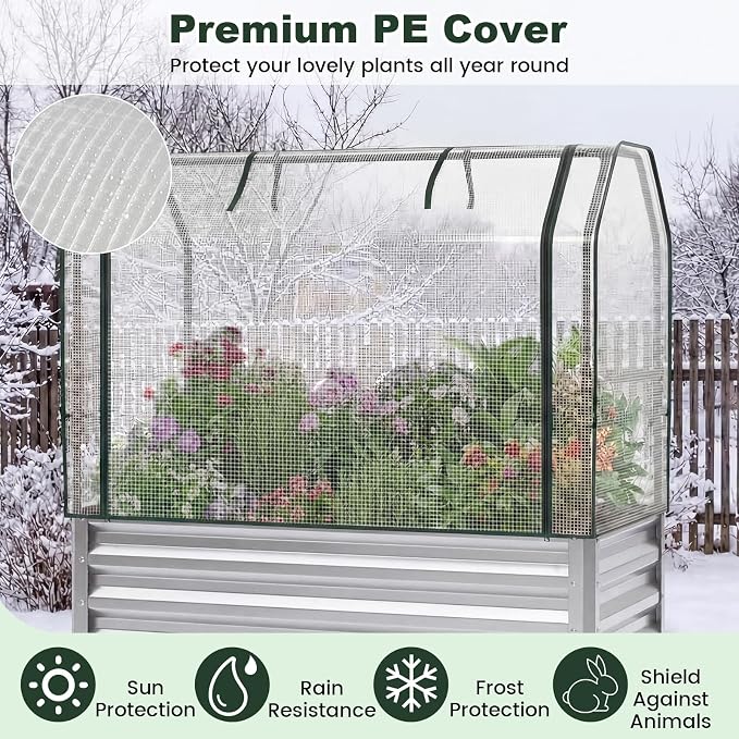 Giantex Raised Garden Bed with Legs & Greenhouse Cover, 44x22x60 Elevated Metal Planter Box with Roll-up Door, Outdoor Mini Greenhouse for Vegetable Flower Herb Patio Balcony (Silver,2)