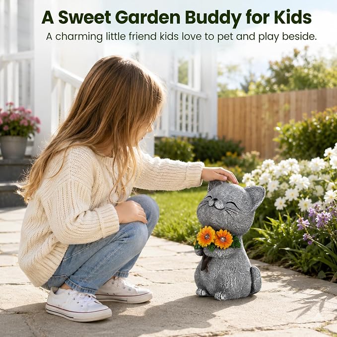 Solar Garden Statues Cat with Daisy and LED Lights Birthday Gifts for Women Mom Grandma Solar Outdoor Cat Decor for Outside,Outdoor Solar Lights for Yard, Garden and Patio, Unique Gift for Women