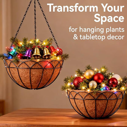 Halatool 2 Pack 14 Inch Hanging Baskets with Coco Liners, Rustproof Metal Flower Planters with Chain Hooks, No Tool Needed Heavy Duty Hanging Pots for Outdoor Patio Balcony Decor