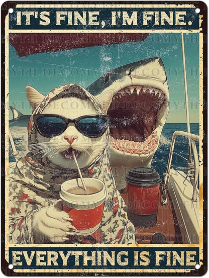 Vintage Cat Tin Sign It's Fine I'm Fine Everything Is Fine Retro Shark Wall Decor Nostalgic Art Funny Animals Metal Poster Indoor Store Cafe Bar Office Man Cave Pubs Man Cave Shop 16 * 12inch