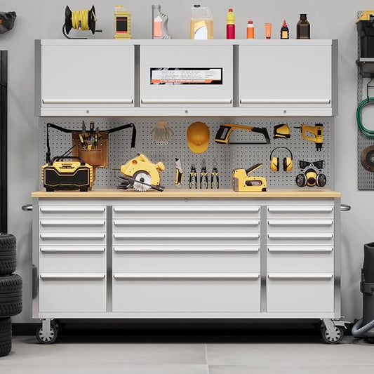 PeakPursuit 72" Rolling Tool Chest with 15 Drawers, Solid Rubber Wood Workbench Top, Locking Wheels & Key Lock, Mobile Garage Tool Cabinet for Workshop Storage and Organization, Silver