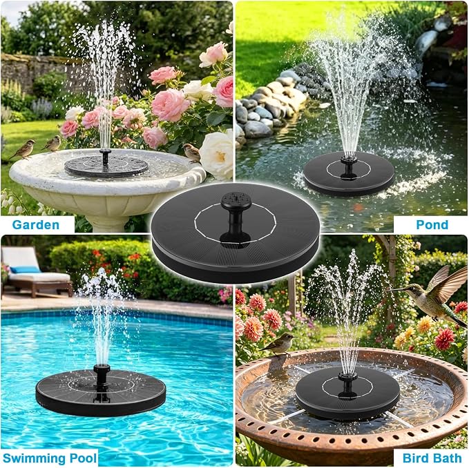 Floating Solar Fountain Pump, Upgrade 1.5W Solar Powered Water Pump with 6 Spray Nozzles & 4 Fixed Pipes, Solar Fountain for Bird Bath, Garden Pond, Pool, Outdoor