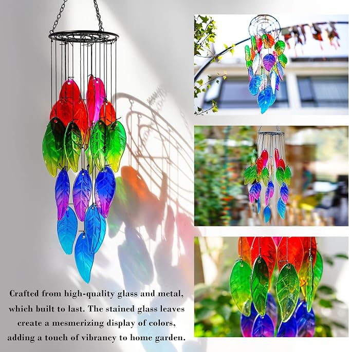 YU FENG 18 Inch Stained Glass Leaves Wind Chimes for Outside Garden | Handmade Glass Wind Chime, Forest Leaf Design, Rainbow Light Catcher, Patio Window Yard Hanging Decor