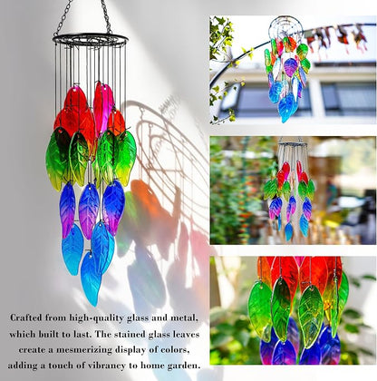YU FENG 18 Inch Stained Glass Leaves Wind Chimes for Outside Garden | Handmade Glass Wind Chime, Forest Leaf Design, Rainbow Light Catcher, Patio Window Yard Hanging Decor