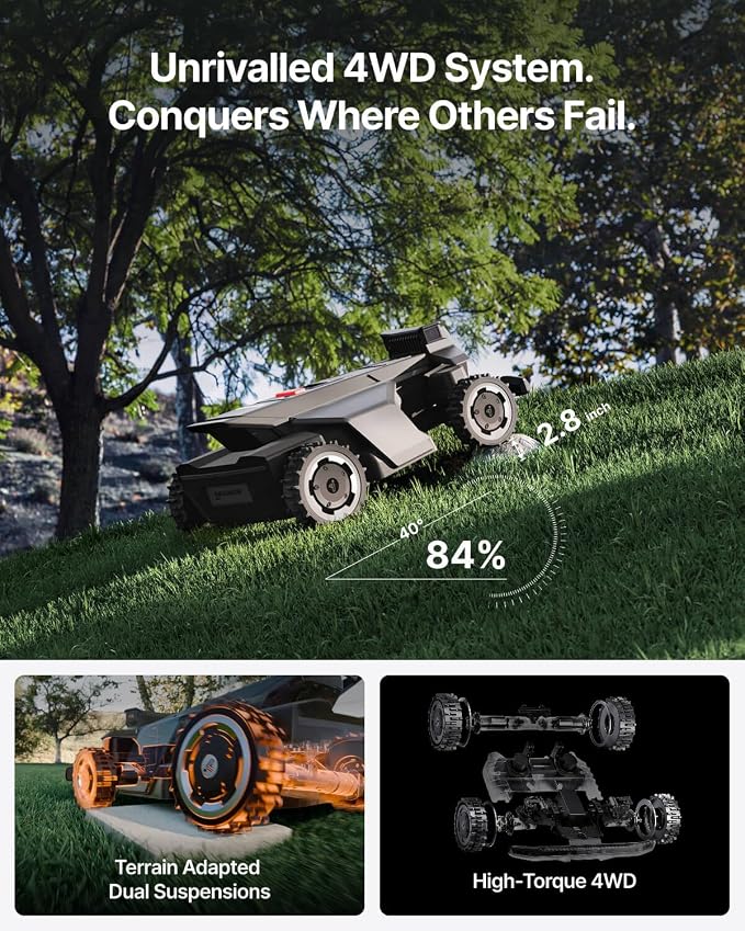 Segway Navimow X450 Robot Lawn Mower Wire Free with Garage X, 4WD for 84% Slopes, Zero-Turn Mowing, Dual 180W Motors, Covers 1.5 Acres (Garage Shipped Separately)
