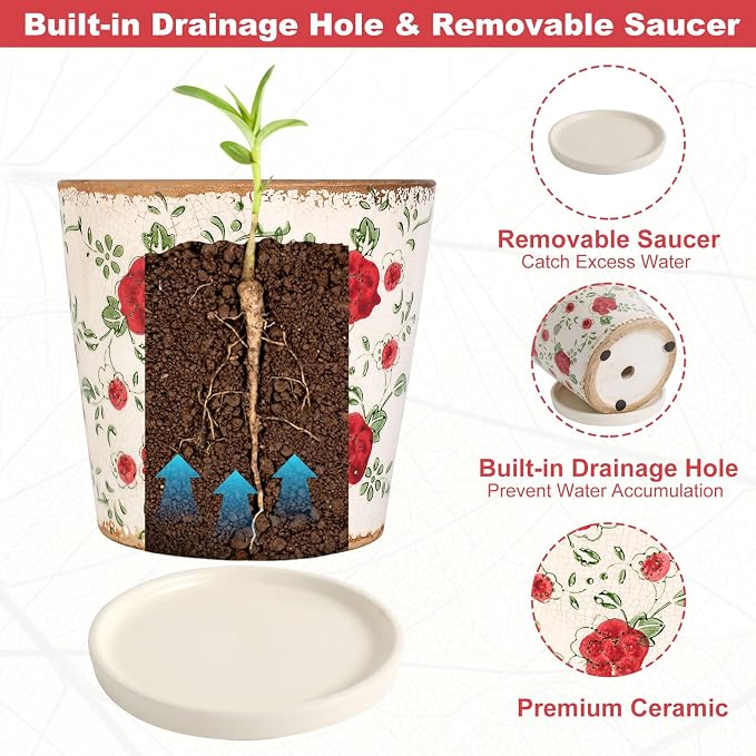 Ceramic Flower Pots For Indoor Plant, 5.5 Inch Small Ice Crack Plant Pots With Drainage Hole & Saucer, Decorative Vintage Planters For Succulent Herb Cactus Mint Basil, Garden Pot For Home Decor