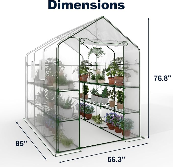 Greenhouse, 57 x 85 x 77'' Greenhouses for Outdoors, with Mesh Side Windows, PE Cover, 8 Shelves, Heavy Duty Walk in Green House for Backyard Garden Indoor, White& Green Outside