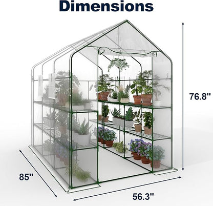 Greenhouse, 57 x 85 x 77'' Greenhouses for Outdoors, with Mesh Side Windows, PE Cover, 8 Shelves, Heavy Duty Walk in Green House for Backyard Garden Indoor, White& Green Outside
