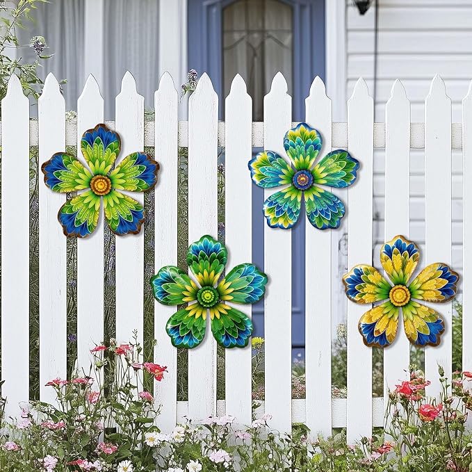 4-Pack Metal Flower Wall Decor, Outdoor Fence and Garden Art | Outdoor Wall Decor art, Easy To Hang, Ideal for outdoor fences, gardens, patios, yards and exterior walls
