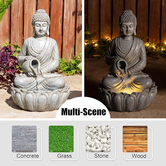 Glitzhome 20.5" Zen Buddha Fountain, Outdoor Water Fountain with LED Light, Polyresin Stone Powder Concrete Finish Meditating Buddha Statue for Garden Patio Yard Deck, 4 Warm LED Lights
