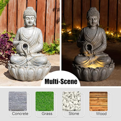Glitzhome 20.5" Zen Buddha Fountain, Outdoor Water Fountain with LED Light, Polyresin Stone Powder Concrete Finish Meditating Buddha Statue for Garden Patio Yard Deck, 4 Warm LED Lights