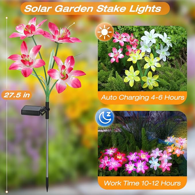 Aukora Solar Garden Lights, 5 Pack Lily Flower Waterproof, 7-Color Changing | Landscape Decor Outdoor for Pathway Lawn Patio Yard Walkway, Holiday Gifts for Mom Women, 5 Beautiful Mixed Colors