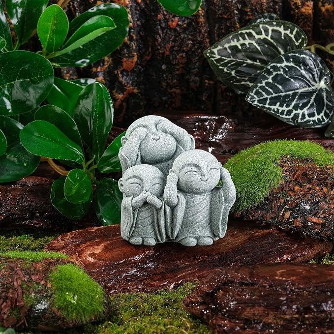 Mini Zen Monk Praying Statue Small Buddha Jizo Figurine Sandstone Feng Shui Sculpture Ornament for Fish Tank Decor Home Garden Good Luck Decoration - No Evil