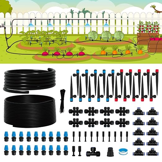 240FT Drip Irrigation System Kit, Quick-Connect Garden Watering System with 20FT 1/2" Main Line & 200FT 1/4" Tubing, 3 Adjustable Emitters for Raised Beds, Greenhouse, Lawn, Patio