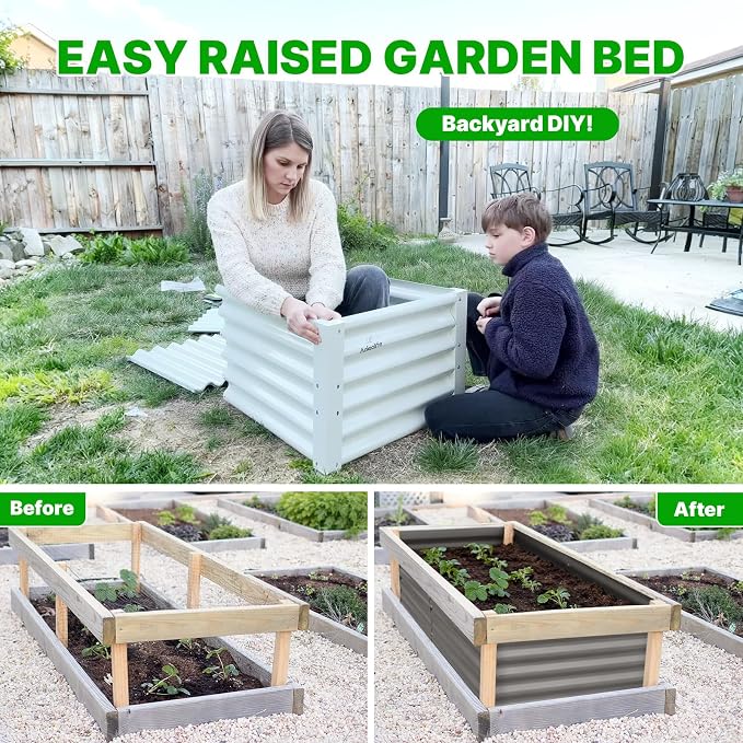 ANLEOLIFE 4-Pack Raised Garden Bed Corner Brackets, 1.5ft Tall Heavy-Duty Galvanized Steel Reinforcement Plates for Strengthening Metal Garden Beds, Antique White