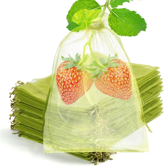 NIUBIER 50 Pcs Fruit Protection Bags, 4×6 in Green Fruit Nets for Fruit Tree, Drawstring Mesh Cover Bags to Protect Vegetables Tomato Strawberry Garden