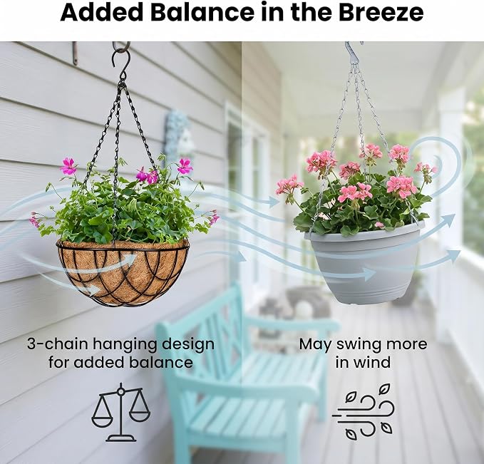 Kingbuy 10 Inch Metal Hanging Planter Basket with Coconut Fiber Liner Round Wire Hanging Plant Flower Pot for Home Garden Patio Decoration, Grid Pattern, 2 Pack
