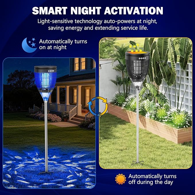 All in 1 Solar Bug Zapper Outdoor, Flame & Projection Mode, Auto/Manual Modes, 4200V Electric Mosquito Killer with High Powered, IPX5 Waterproof Rechargeable Fly Insect Trap for Patio Garden Yard RV