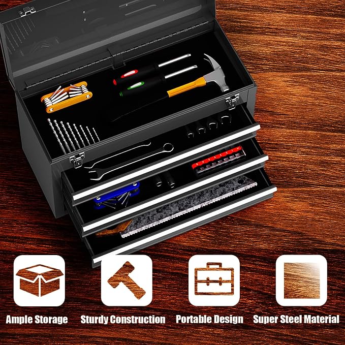 Goplus Tool Box with 3 Drawers, 4-Tier 20.5" Portable Tool Chest Organizer with Top Tool Tray, Auto Lock, Protective Liner, Handle, Steel Metal Small Toolbox for Gargae, Workshop, Home
