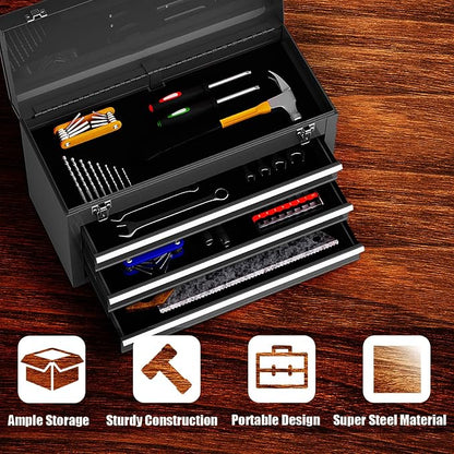 Goplus Tool Box with 3 Drawers, 4-Tier 20.5" Portable Tool Chest Organizer with Top Tool Tray, Auto Lock, Protective Liner, Handle, Steel Metal Small Toolbox for Gargae, Workshop, Home